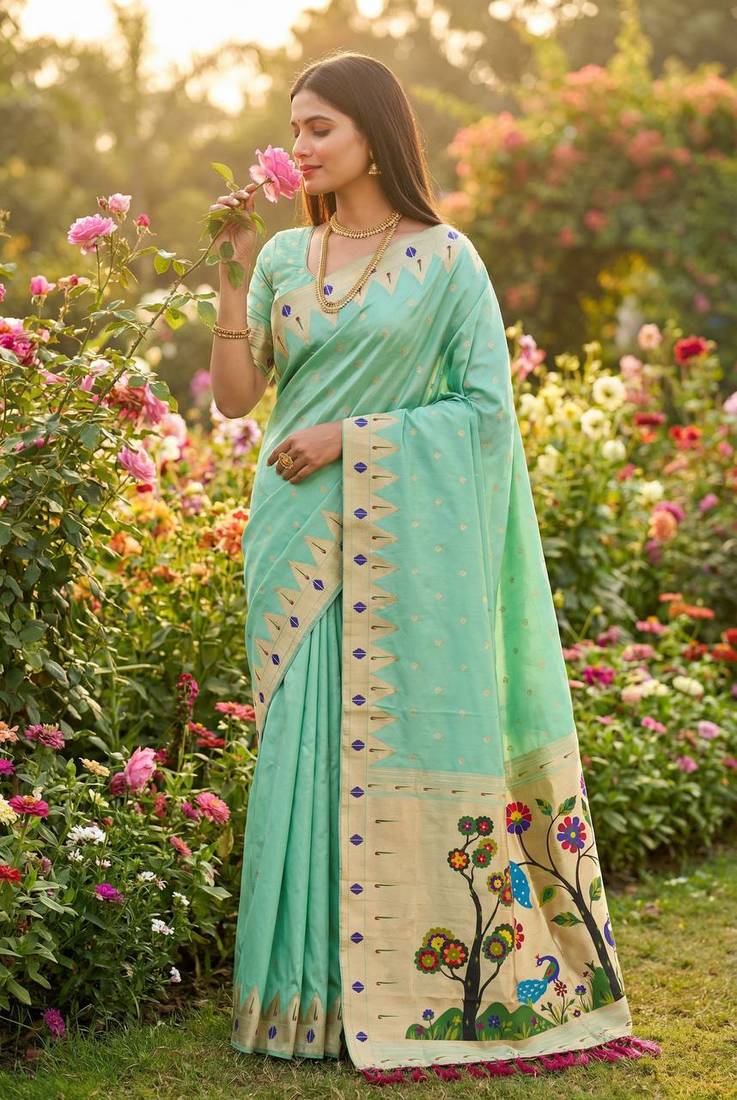 Light Sea Green Color Meenakari weawing border & Tessels attache Pethani silk saree d Work 