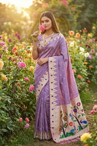 Lavender Color Meenakari weawing border & Tessels attache Pethani silk saree d Work 