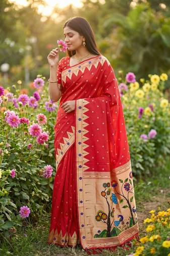 Red Color Meenakari weawing border & Tessels attache Pethani silk saree d Work 