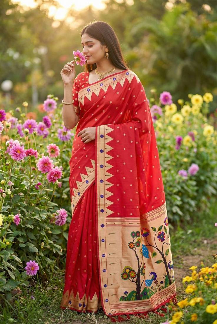 Red Color Meenakari weawing border & Tessels attache Pethani silk saree d Work 