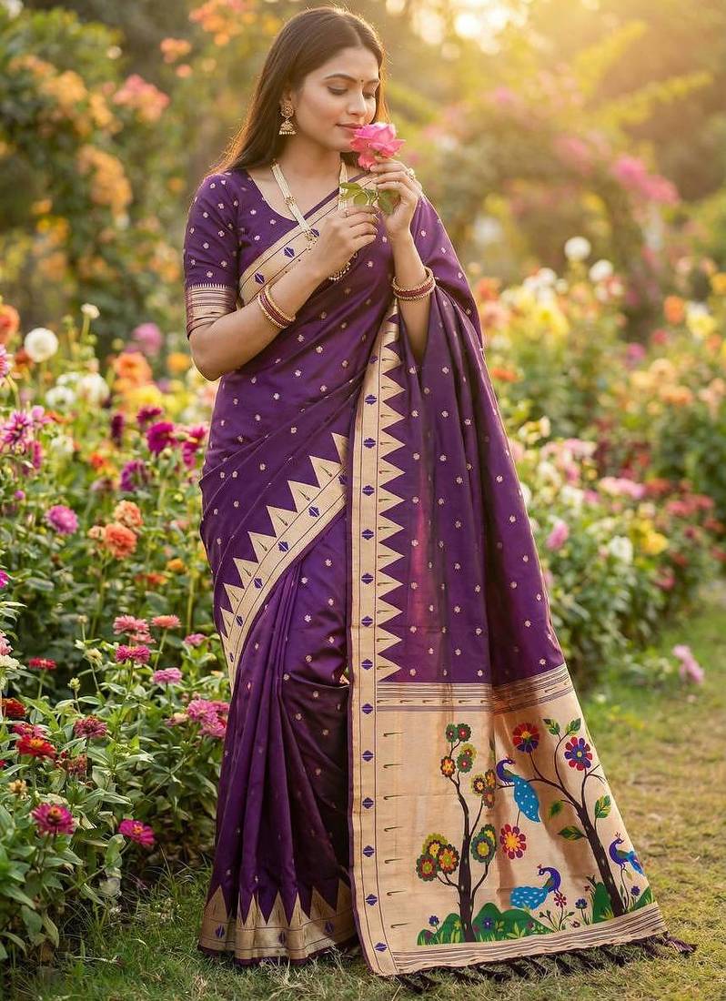 Purple Color Meenakari weawing border & Tessels attache Pethani silk saree d Work 