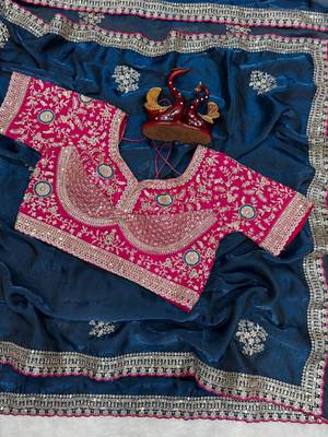 Teal Color Sequance and Zari Embroidery Work Frendy Satin Saree 1