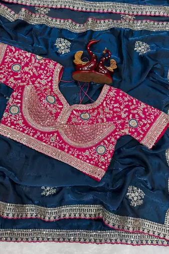 Teal Color Sequance and Zari Embroidery Work Frendy Satin Saree