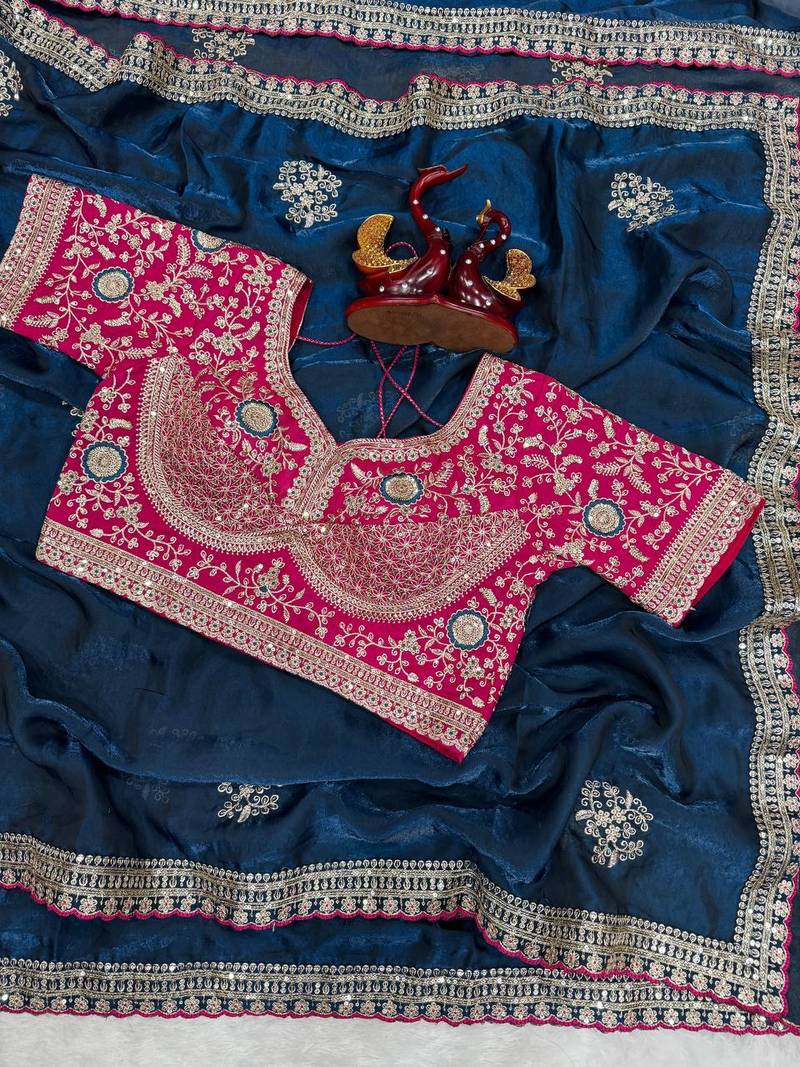 Teal Color Sequance and Zari Embroidery Work Frendy Satin Saree