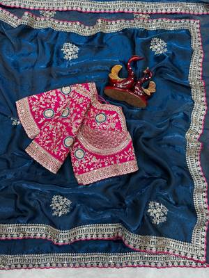 Teal Color Sequance and Zari Embroidery Work Frendy Satin Saree 2