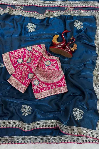 Teal Color Sequance and Zari Embroidery Work Frendy Satin Saree