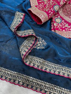 Teal Color Sequance and Zari Embroidery Work Frendy Satin Saree 3