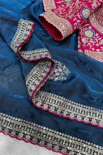 Teal Color Sequance and Zari Embroidery Work Frendy Satin Saree
