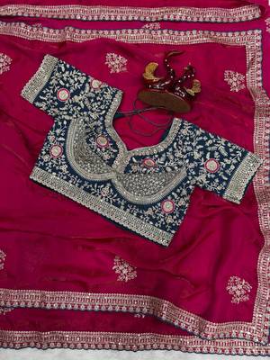 Rani Pink Color Sequance and Zari Embroidery Work Frendy Satin Saree 1