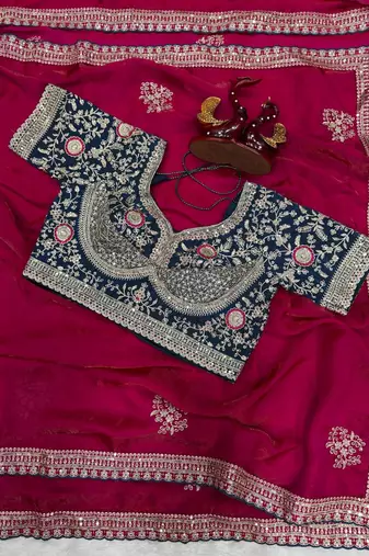 Rani Pink Color Sequance and Zari Embroidery Work Frendy Satin Saree