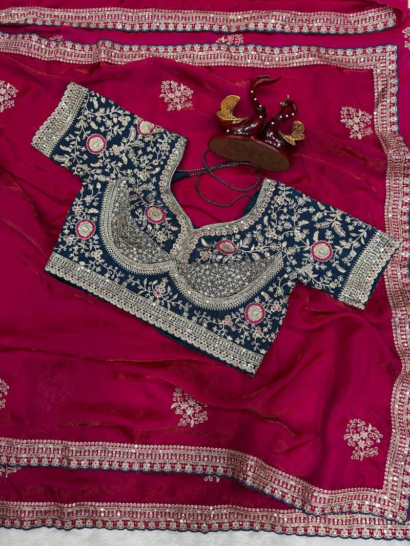 Rani Pink Color Sequance and Zari Embroidery Work Frendy Satin Saree