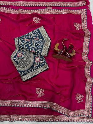Rani Pink Color Sequance and Zari Embroidery Work Frendy Satin Saree 2