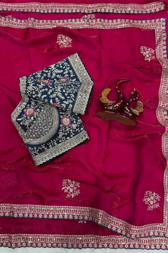 Rani Pink Color Sequance and Zari Embroidery Work Frendy Satin Saree