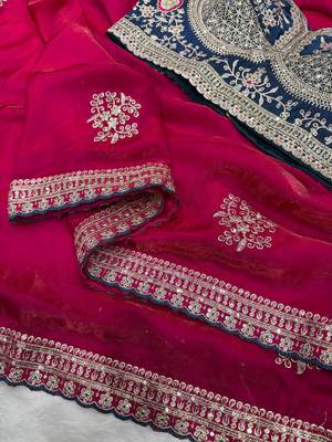 Rani Pink Color Sequance and Zari Embroidery Work Frendy Satin Saree 3