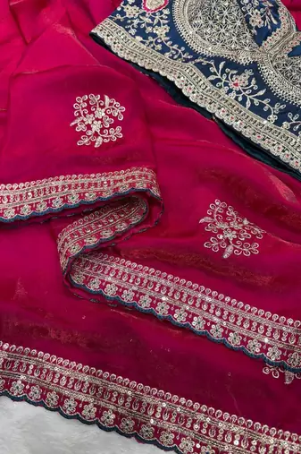 Rani Pink Color Sequance and Zari Embroidery Work Frendy Satin Saree
