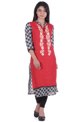 Red Hand Embroidered Rayon Kurta