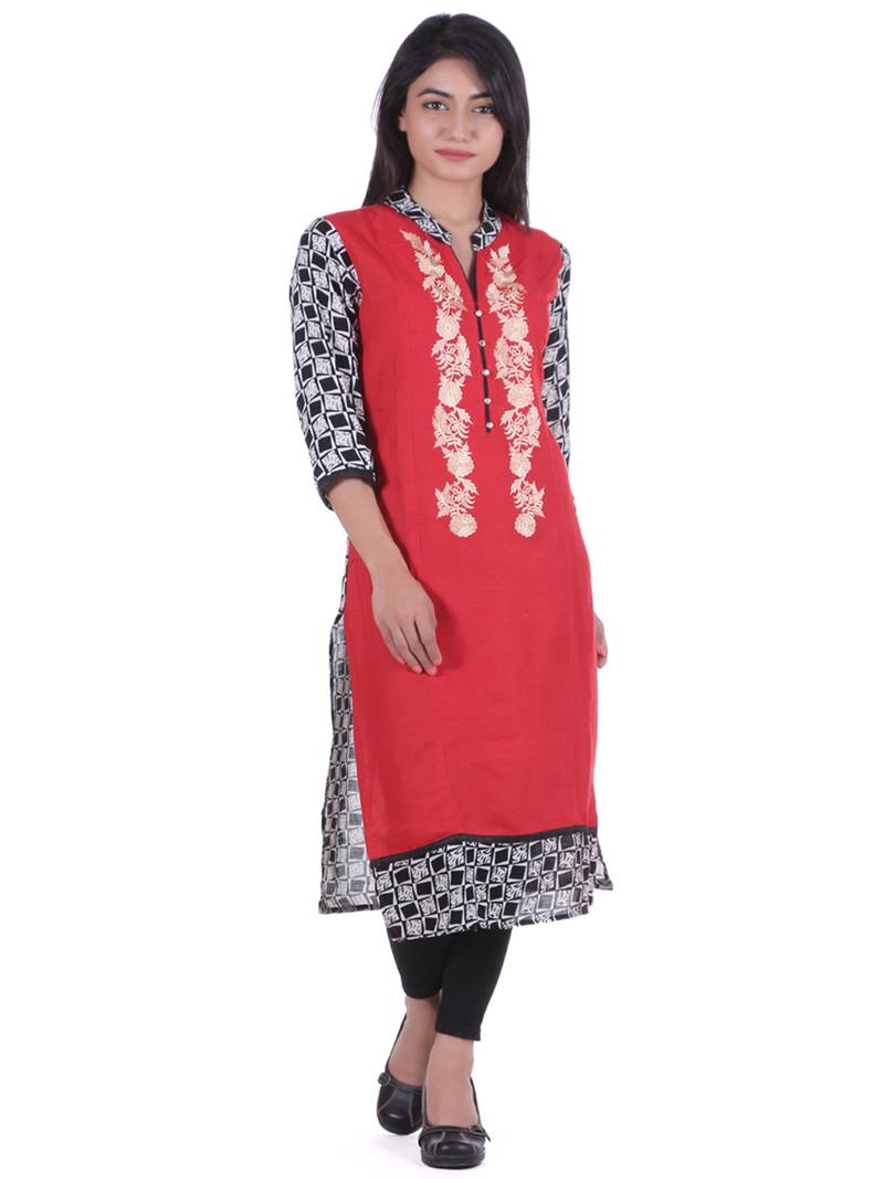 Red Hand Embroidered Rayon Kurta