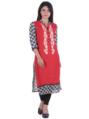 Red Hand Embroidered Rayon Kurta 1