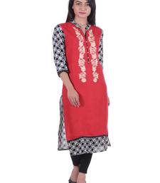 Red Hand Embroidered Rayon Kurta