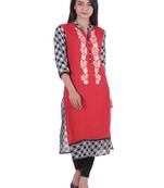 Red Hand Embroidered Rayon Kurta