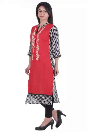 Red Hand Embroidered Rayon Kurta