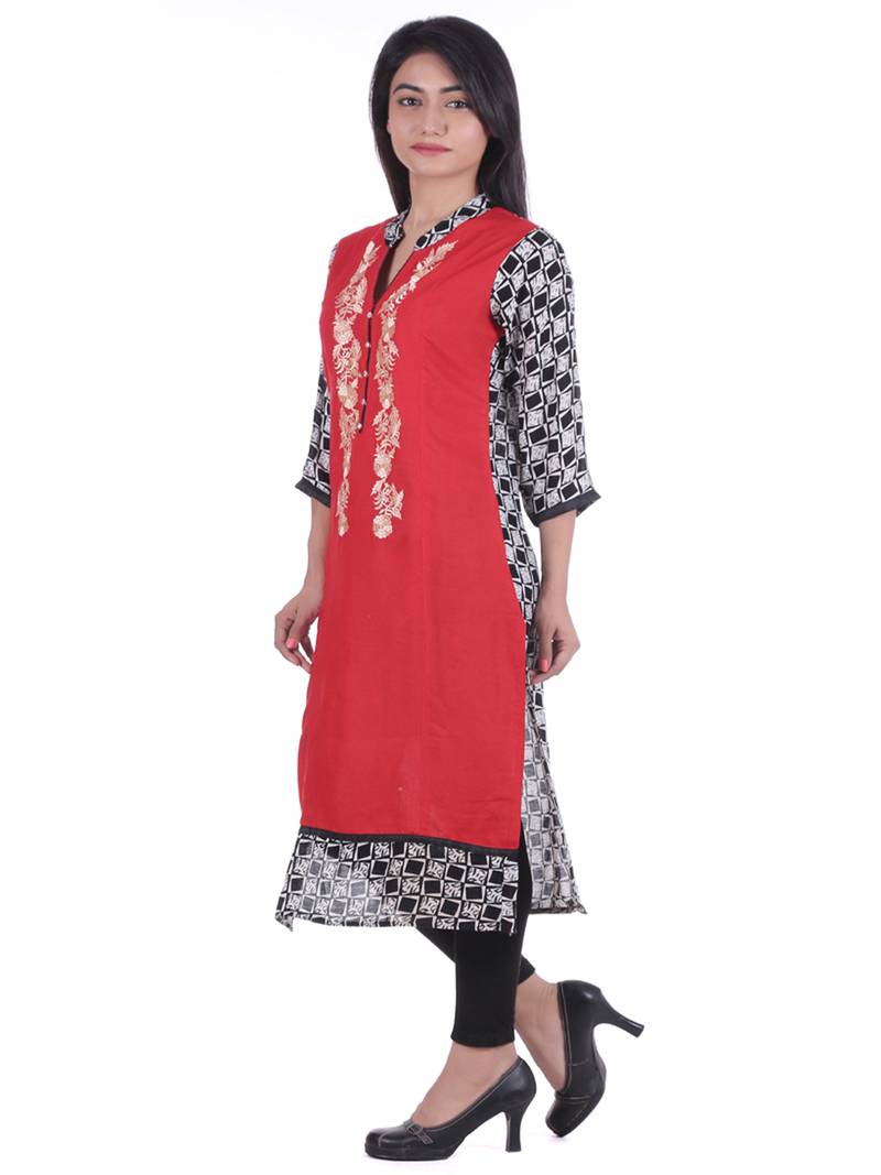 Red Hand Embroidered Rayon Kurta