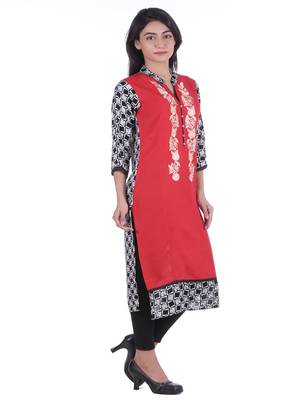 Red Hand Embroidered Rayon Kurta 3