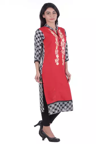 Red Hand Embroidered Rayon Kurta