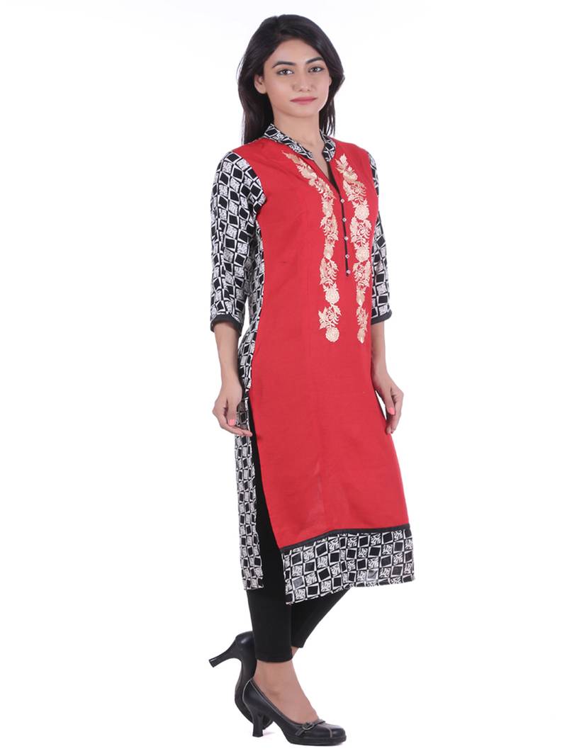 Red Hand Embroidered Rayon Kurta