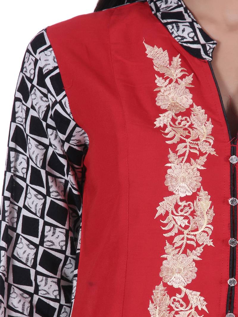 Red Hand Embroidered Rayon Kurta
