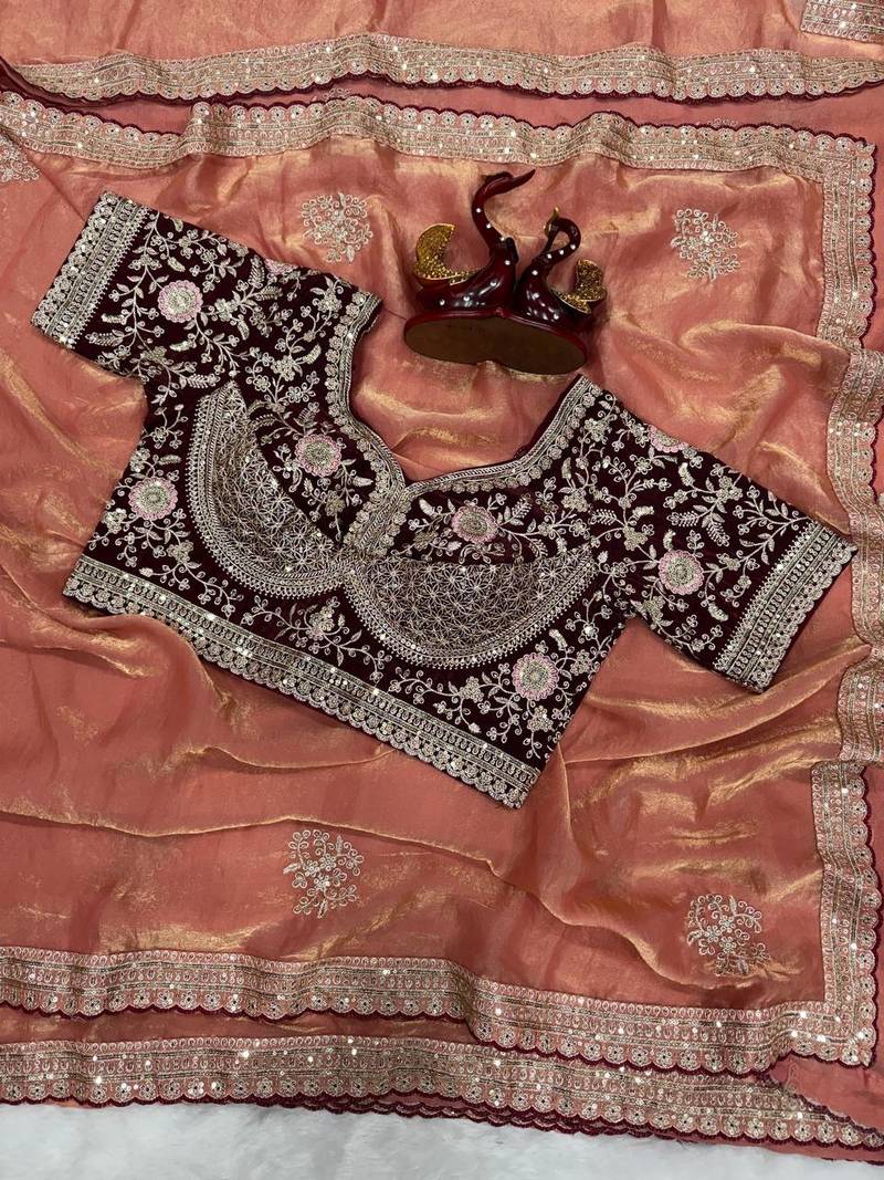 Peach Color Sequance and Zari Embroidery Work Frendy Satin Saree