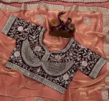 Peach Color Sequance and Zari Embroidery Work Frendy Satin Saree 2