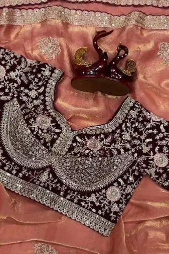 Peach Color Sequance and Zari Embroidery Work Frendy Satin Saree