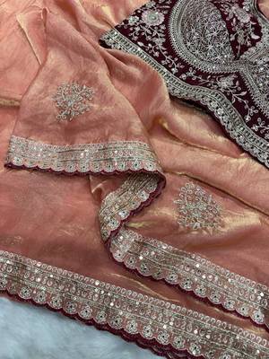 Peach Color Sequance and Zari Embroidery Work Frendy Satin Saree 3