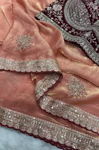 Peach Color Sequance and Zari Embroidery Work Frendy Satin Saree