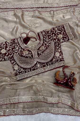 Grey Color Sequance and Zari Embroidery Work Frendy Satin Saree