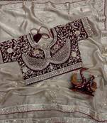 Grey Color Sequance and Zari Embroidery Work Frendy Satin Saree