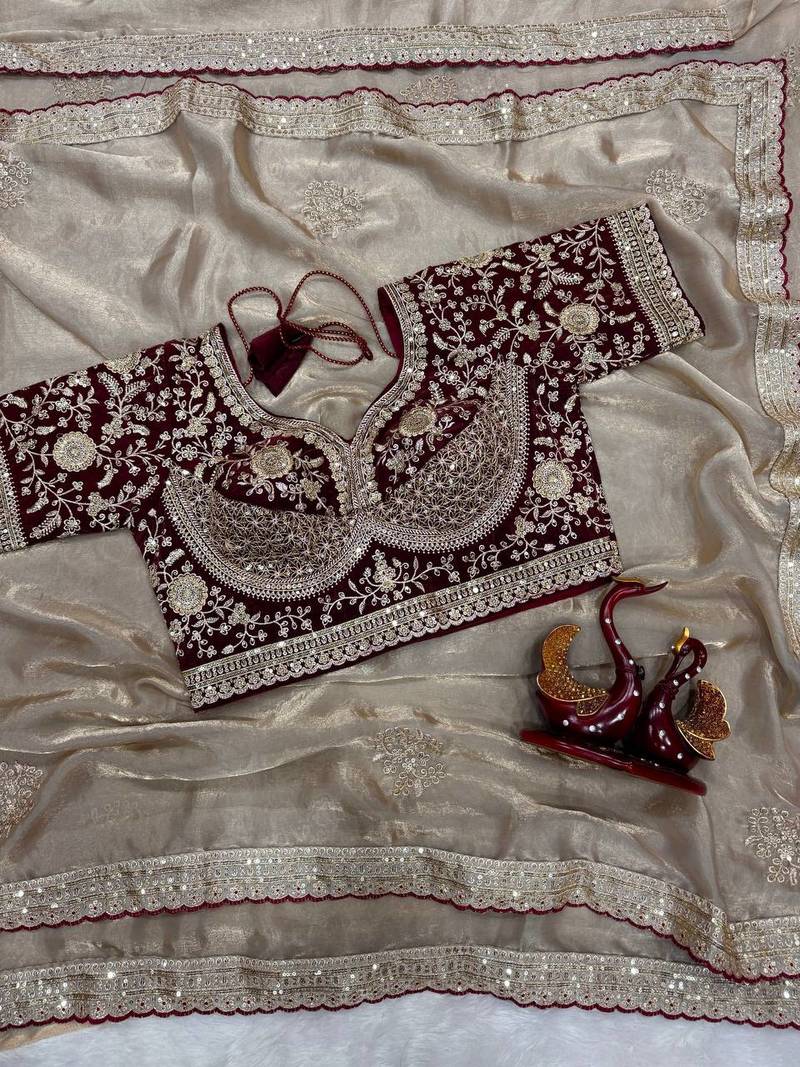 Grey Color Sequance and Zari Embroidery Work Frendy Satin Saree