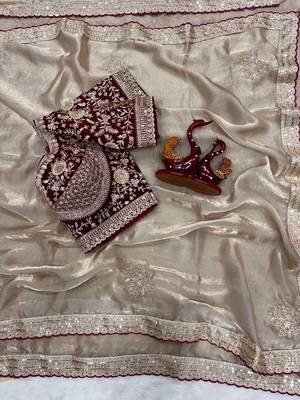Grey Color Sequance and Zari Embroidery Work Frendy Satin Saree 2