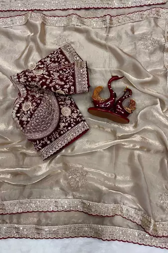 Grey Color Sequance and Zari Embroidery Work Frendy Satin Saree