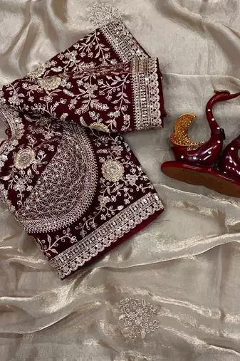 Grey Color Sequance and Zari Embroidery Work Frendy Satin Saree
