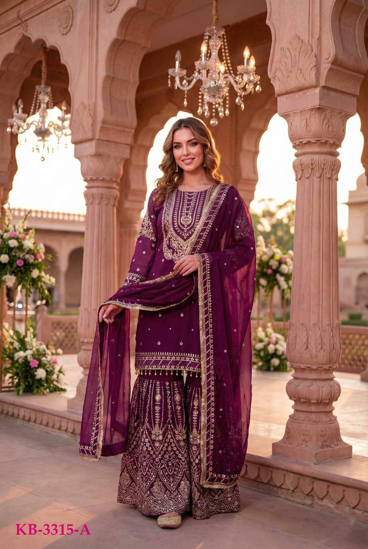 Wine faux georgette readymade sharara salwar suit- Full Stitched free size
