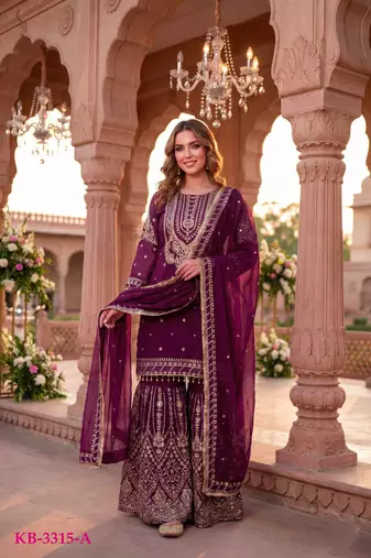 Wine faux georgette readymade sharara salwar suit- Full Stitched free size
