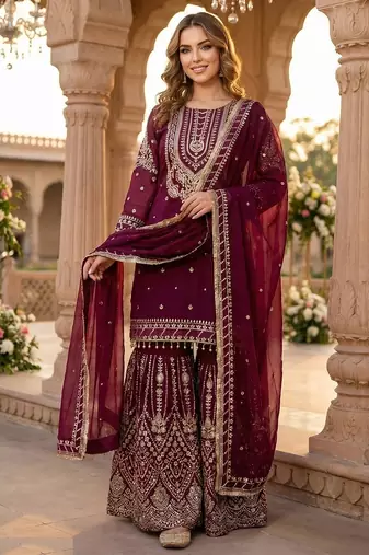 Wine faux georgette readymade sharara salwar suit- Full Stitched free size