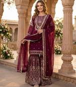 Wine faux georgette readymade sharara salwar suit- Full Stitched free size