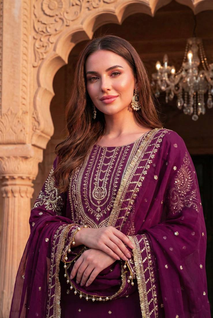 Wine faux georgette readymade sharara salwar suit- Full Stitched free size