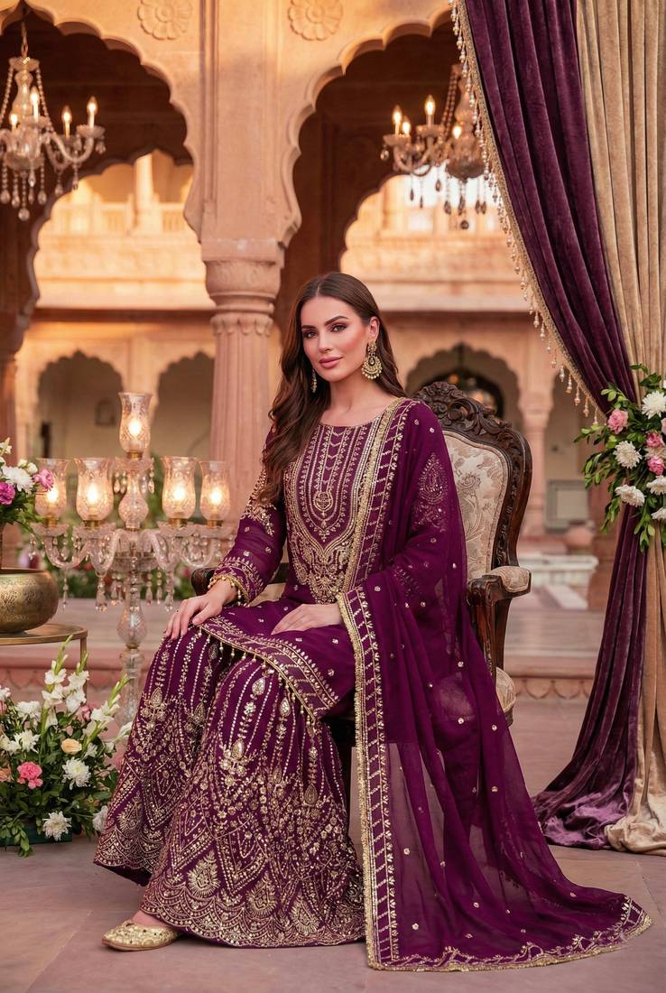 Wine faux georgette readymade sharara salwar suit- Full Stitched free size