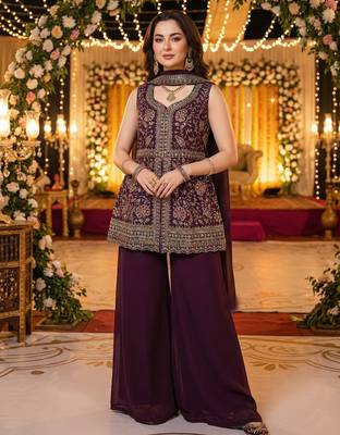 Magenta faux georgette readymade sharara salwar suit- Full Stitched free size 1