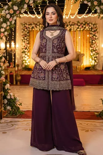 Magenta faux georgette readymade sharara salwar suit- Full Stitched free size