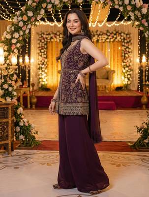Magenta faux georgette readymade sharara salwar suit- Full Stitched free size 2